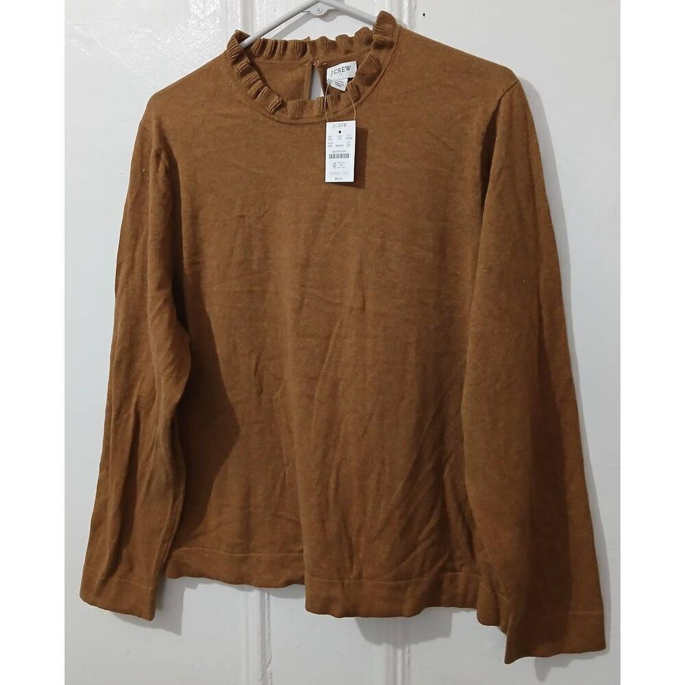 J crew women xlarge tan ruffle neck sweater tan camel all season lightweight